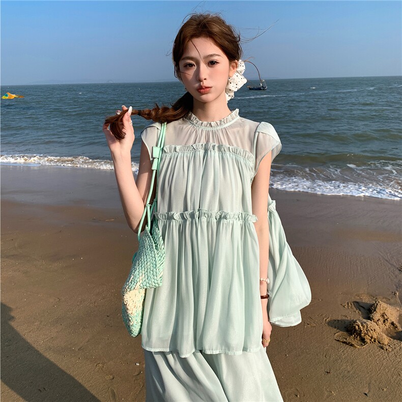 水衣源2729款纯色木耳边荷叶袖A字小衫阔腿裤冰爽套装女夏,女装套装/套裙,衣秀之家
