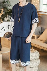 中国风男棉麻套装印花大码两件套蓝色短袖+短裤A02可分开销售图片