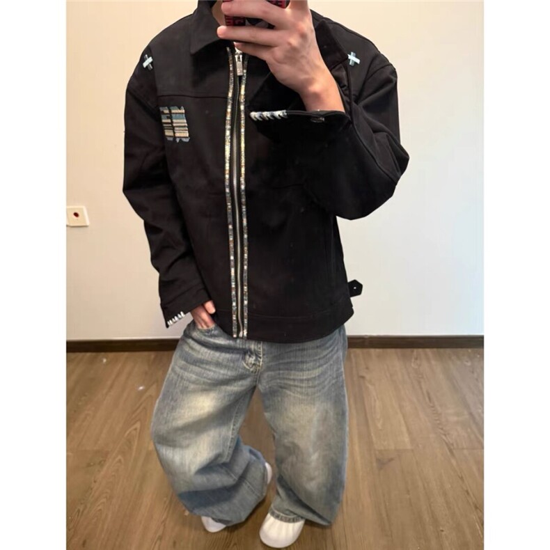 美式复古巴恩风休闲夹克男女款宽松设计感翻领棒球服刺绣工装外套，男装夹克，四季星座505