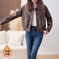 皮衣外套女短款小个子2024秋冬新款洋气百搭加绒加厚真毛领皮棉衣，女装皮衣，潮流依族