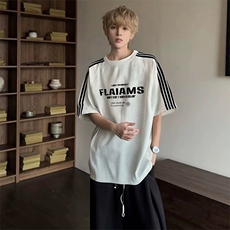 抖音得物品质二开240克宽松纯棉美式潮牌印花三条杠中性风短袖T恤，男装T恤，电商A486