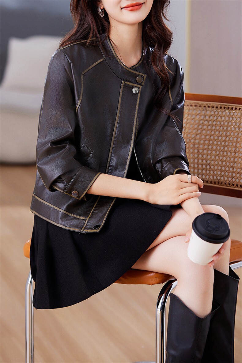现货复古皮衣短款外套女2024秋季新款显瘦机车PU皮夹克上衣,女装皮衣,美拉德工厂直营店