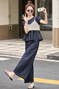 牛仔套装女2025夏季新款韩版宽松显瘦阔腿裤镂空吊带三件套图片