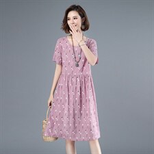 2021年夏季通勤韩版中长款A字裙小碎花妈妈装高腰短袖圆领裙子，女装连衣裙，伊满意