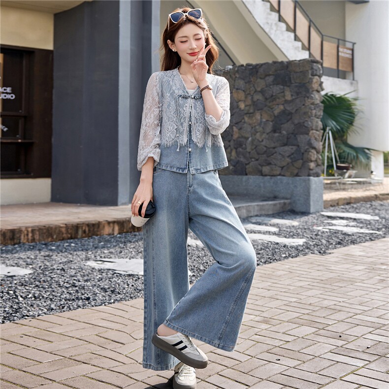 蕾丝拼接牛仔套装女春秋季新款洋气减龄阔腿裤两件套气质,女装套装/套裙,欣品汇
