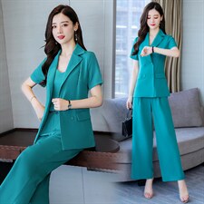 现货阔脚裤2024夏季新款休闲舒适气质通列简约纯色上衣三件套套装，女装套装/套裙，韩美纤衣