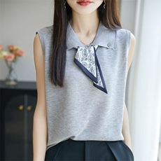 设计感韩版百搭修身显瘦女时尚翻领2025夏季新款丝巾针织无袖上衣，女装T恤，羿纯羊绒高端店