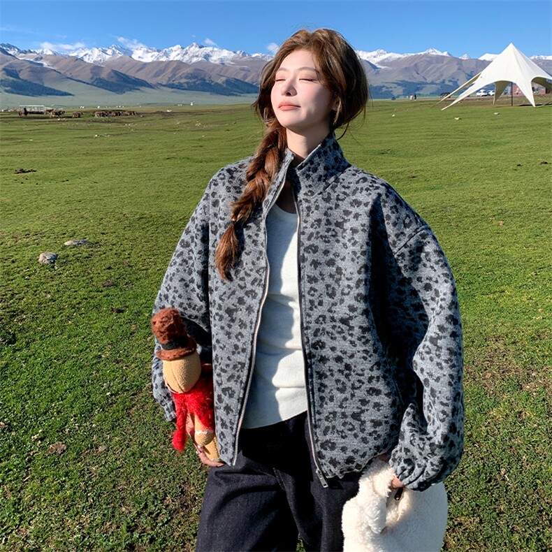 美式复古豹纹立领毛呢外套女2025年秋冬季新款高级感慵懒宽松上衣,女装短外套,2C007