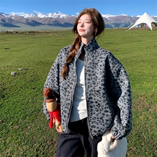 美式复古豹纹立领毛呢外套女2025年秋冬季新款高级感慵懒宽松上衣，女装短外套，2C007