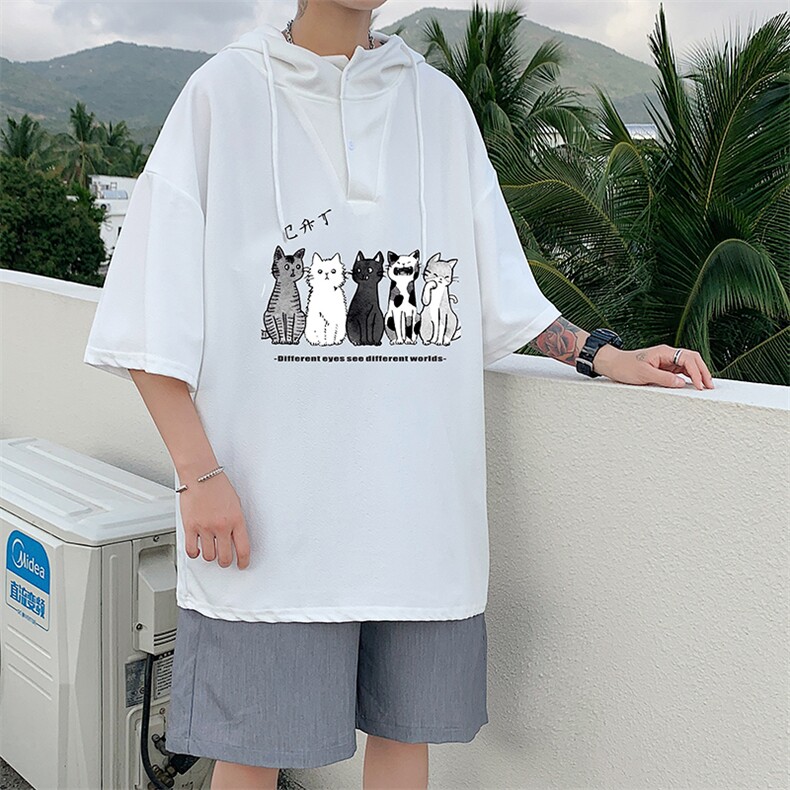 LD54100-P45连帽短袖t恤男大码胖子带帽五分袖中袖,男装T恤,电商A040