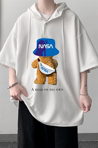 LD54288-P45NASA 连帽短袖t恤男大码胖子带帽五分袖中袖图片