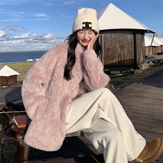 粉紫色法式温柔风皮毛一体羊羔毛外套女秋冬2025新款超好看厚棉服，女装毛呢外套，2C283