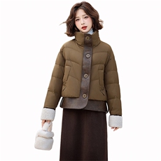 羽绒服女2024冬季新款超好看洋气休闲短款拼接羊羔毛保暖厚面包服，女装羽绒服，半夏