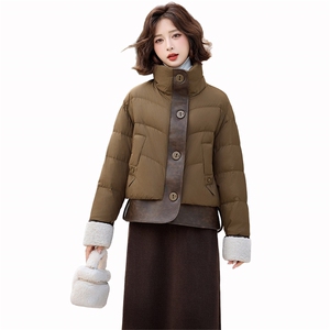 羽绒服女2024冬季新款超好看洋气休闲短款拼接羊羔毛保暖厚面包服图片