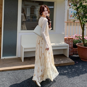 法式浪漫蕾丝拼接吊带连衣裙套装女2025秋新款长袖开衫气质两件套图片