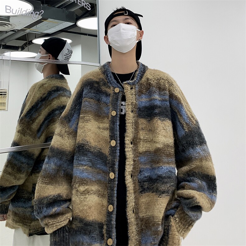 港风秋冬男圆领开衫毛衣条纹扎染单排扣渐变色针织外套M242P55,男装针织衫/毛衣,星座1013-1
