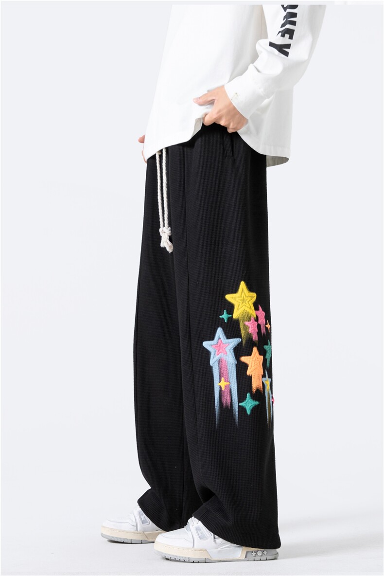 K8813P55光影墙秋季新款华夫格美式复古宽松涂鸦星星学生情侣,男装休闲裤,电商A026-1