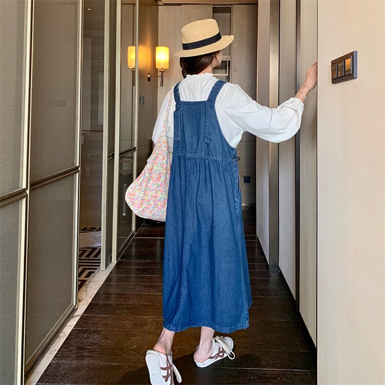 蓝色牛仔背带连衣裙裙套装女2025春新款学院风减龄衬衫长裙两件套,女装套装/套裙,2C037