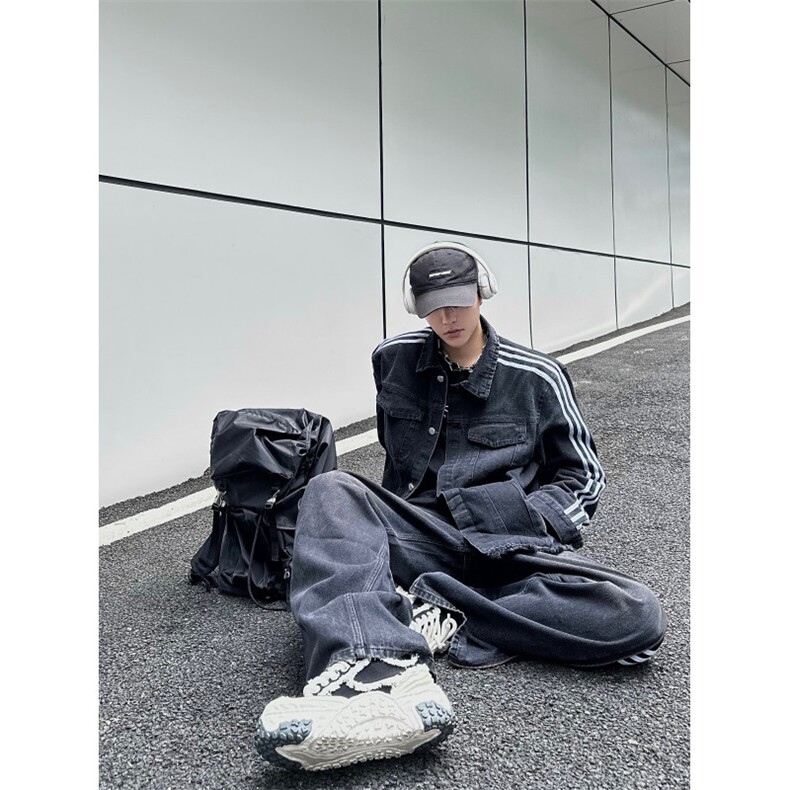 春夏款三条杠拉链拼接阔腿宽松百搭牛仔裤1002-1NZ2325P75控98,男装牛仔裤,星座1002-1