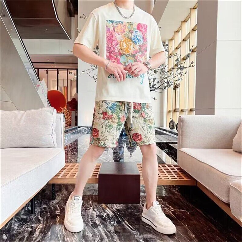 欧货短袖上衣短裤套装高级感宽松男士潮牌2025新款花印花薄两件套,男装牛仔裤,星座506A