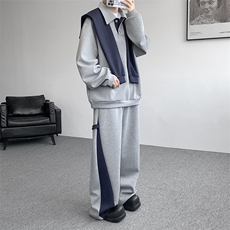 5XL-M潮流高级感披肩撞色拼接翻领百搭卫衣宽松弯刀长裤TZ113P118，男装休闲套装，电商D206-1