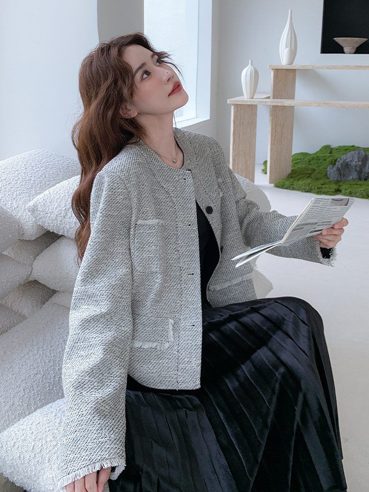 法式小香风流苏灰色短外套女秋季2025新款高级感穿搭夹克甜美百搭,女装短外套,2D034