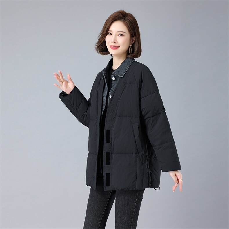 现货2022冬季新款时尚简约韩版休闲牛仔拼接羽绒服,女装羽绒服,深水步