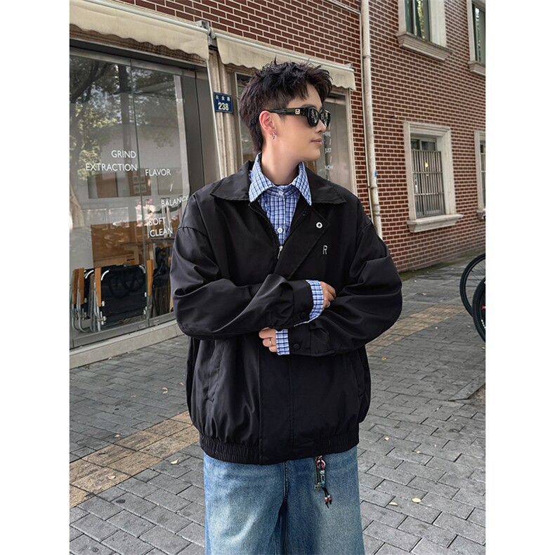 格子拼接假两件翻领夹克秋季新款学院风休闲外套,男装夹克,星座410-6（原星座1304-1）