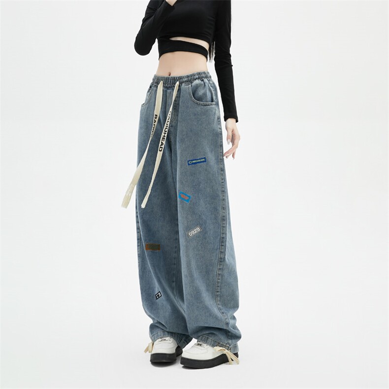 904-2-XKZ207-P65重磅美式刺绣牛仔裤直筒男女生长裤拖地裤两穿图片