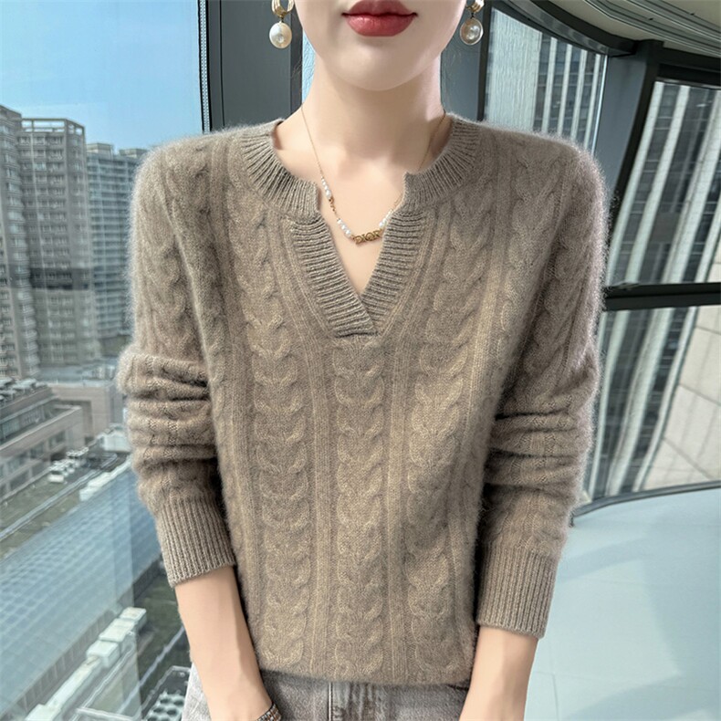 2025舒适百搭v领麻花长袖套头衫羊绒衫,女装羊绒衫,更慕羊绒