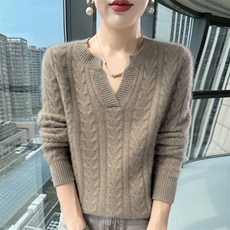 2025舒适百搭v领麻花长袖套头衫羊绒衫，女装羊绒衫，更慕羊绒