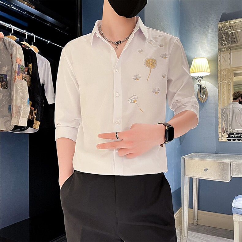 2025夏季男士新款绣花七分袖衬衫男韩版修身衬衣301A-1/CS411/P55,男装衬衫,星座301A-1