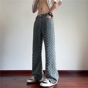夏季新款美式高街提花满印直筒拖地牛仔裤B315-K24159-p60控78图片