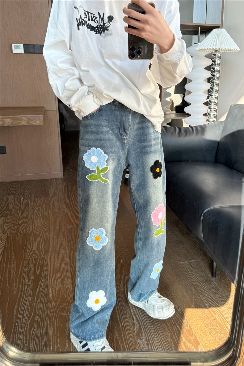 花朵刺绣贴布绣设计感直筒牛仔裤XZ603-K804-P60控78,男装牛仔裤,星座603