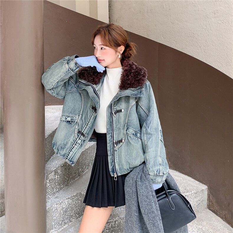 淡人蓝色羊羔毛翻领牛仔棉服女冬季2025年设计感时髦保暖休闲棉衣,女装棉衣/棉服,2D078