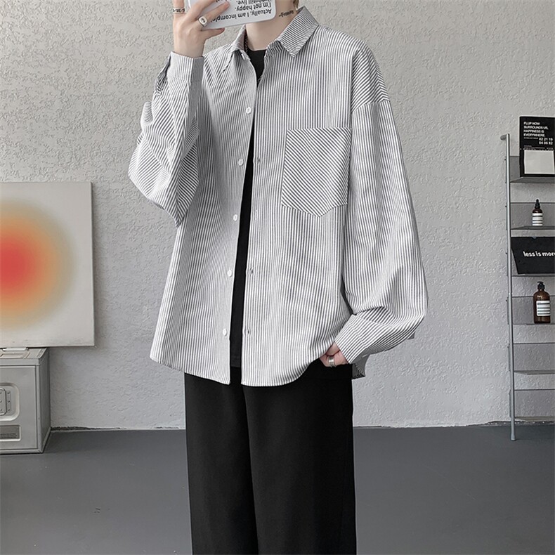 衬衫男秋季新款港风宽松大码条纹长袖衬衣CS801-特P29,男装衬衫,星座214-3