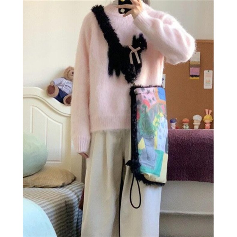 蝴蝶结水貂毛猫咪提花毛衣男女秋冬宽松圆领针织上衣睡衣M6550,男装针织衫/毛衣,星座1116A（原606A-3）
