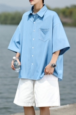 8XL-M冰丝牛仔短袖衬衫男款夏季薄款宽松慵懒衬衣外套DC28006P60，男装T恤，电商B312