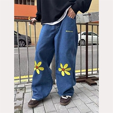 网络图美式复古小雏菊刺绣男夏季潮牌情侣阔腿裤子，男装休闲裤，星座716-3