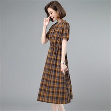 2021夏季新款时尚气质V领格纹修身中长款连衣裙，女装连衣裙，简韵佳