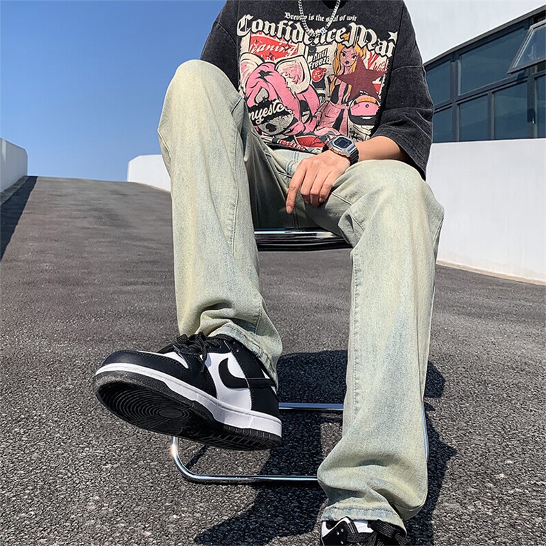 美式牛仔裤男款春季水洗做旧黄泥染长裤高街宽松直筒裤子YZ87-P50,男装牛仔裤,星座509