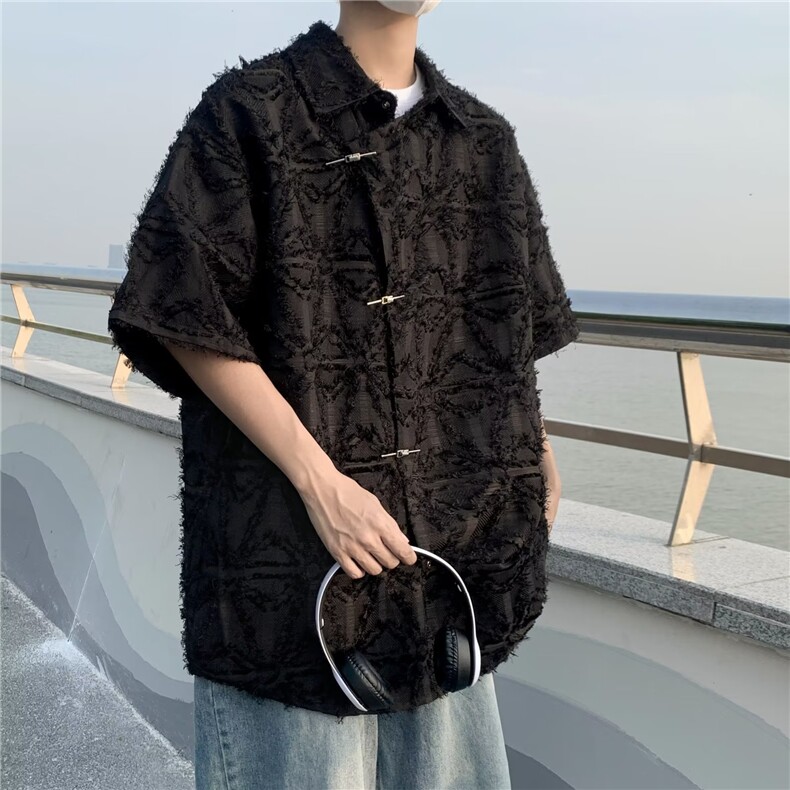 潮中式衬衫男复古风短袖夏季网红宽松上衣T恤W1277-P53,男装T恤,星座1109-3