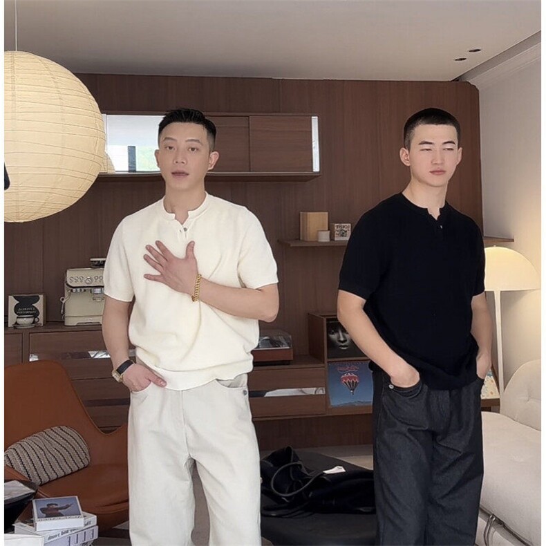 菠萝纹针法肌理感休闲简约男士亨利领体恤纯色77090/P45降,男装Polo衫,电商A243