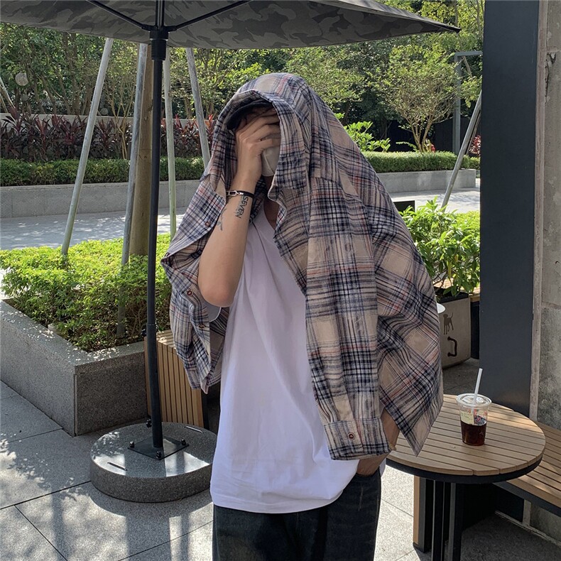 抖音品质美式高街纯棉男士长袖格子衬衫DX509P55控89,男装衬衫,电商B413-1