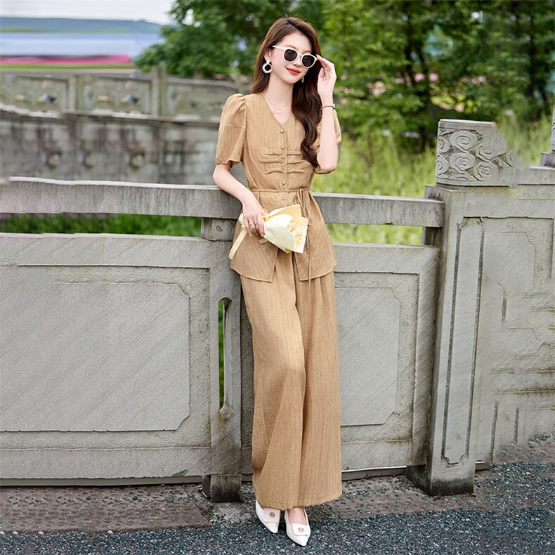 休闲时尚职业套装女2024夏季新款设计感气质高腰垂感阔腿裤两件套,女装套装/套裙,尚娜萱