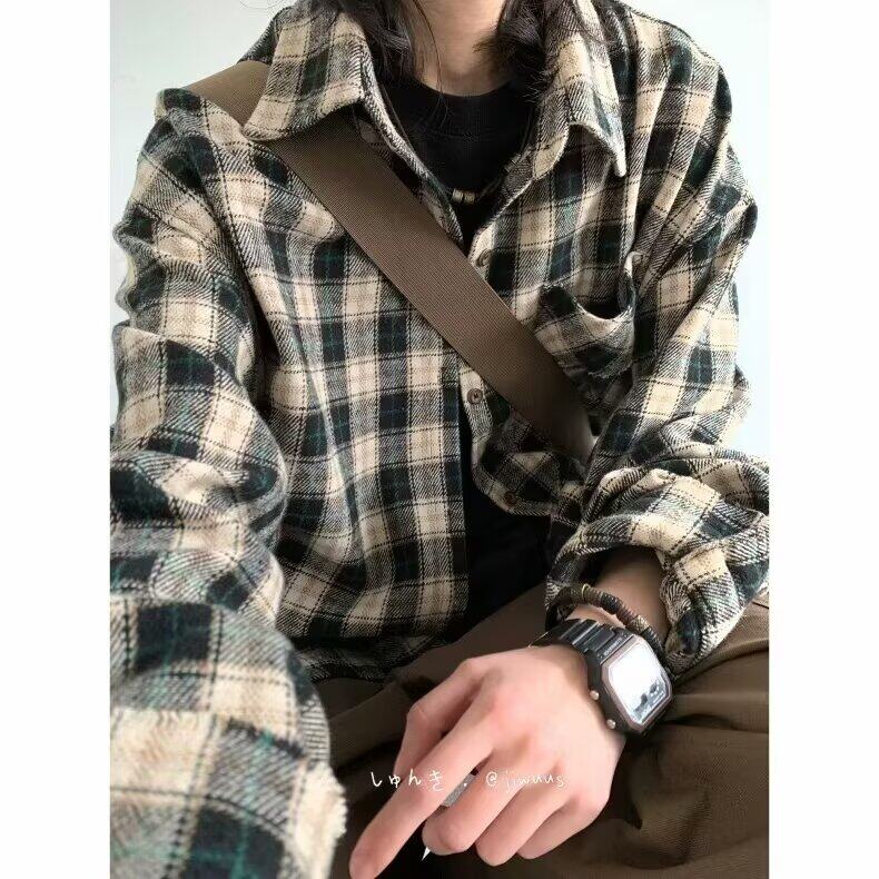 新款日系宽松格子衬衫男女生学院风毛边工装长袖外套潮LC322-P42,男装衬衫,星座1008