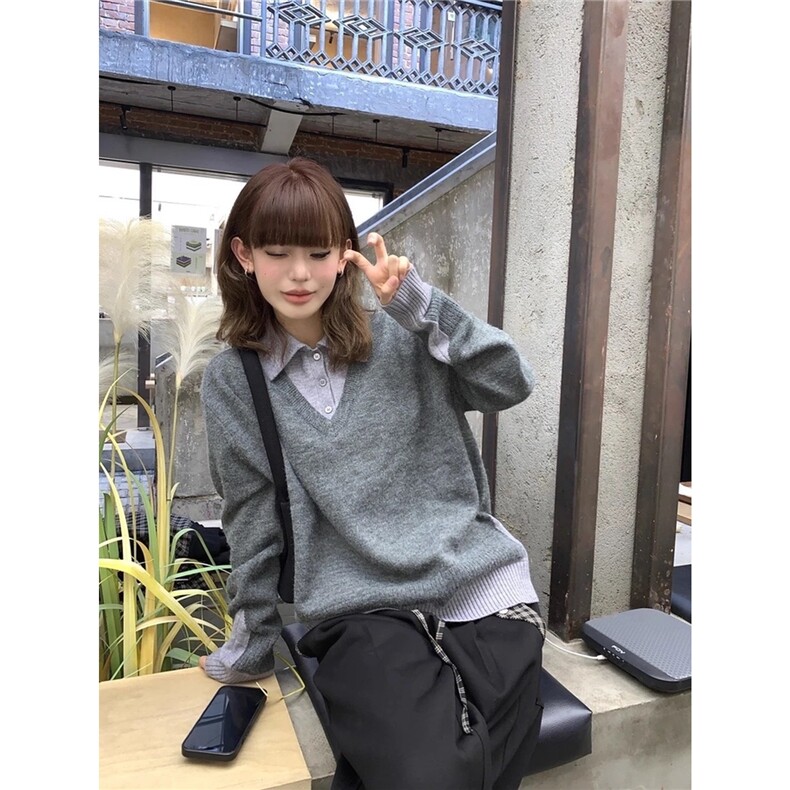 秋冬新款薄毛衣女针织打底衫撞色翻领减龄毛衣假两件A400-P70,男装T恤,星座310A-4