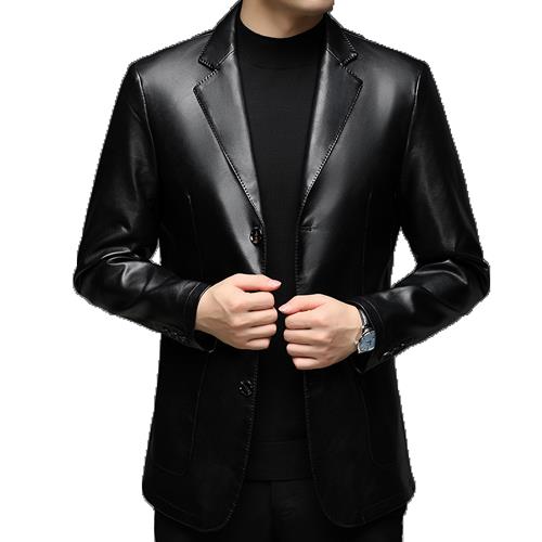春秋新款男装皮衣外套男西装领上衣中年男士休闲纯色皮西服爸爸装,男装皮衣,电商B212（原钱塘6029）