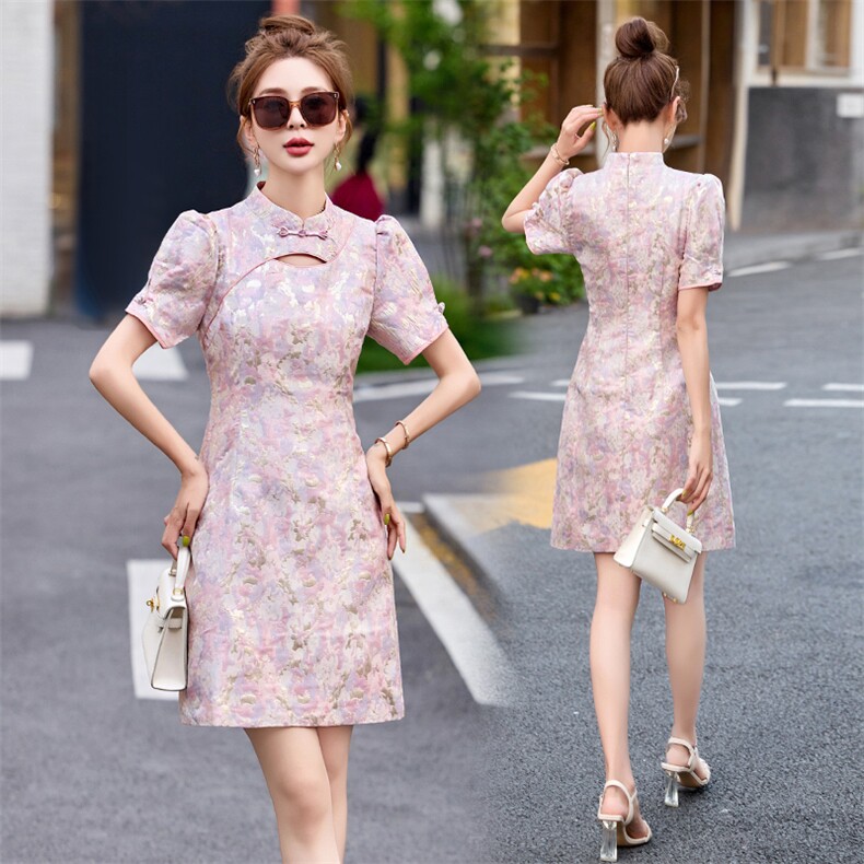 新中式改良旗袍连衣裙女夏季小个子国风2024新款气质显瘦日常可穿，女装连衣裙，依多米