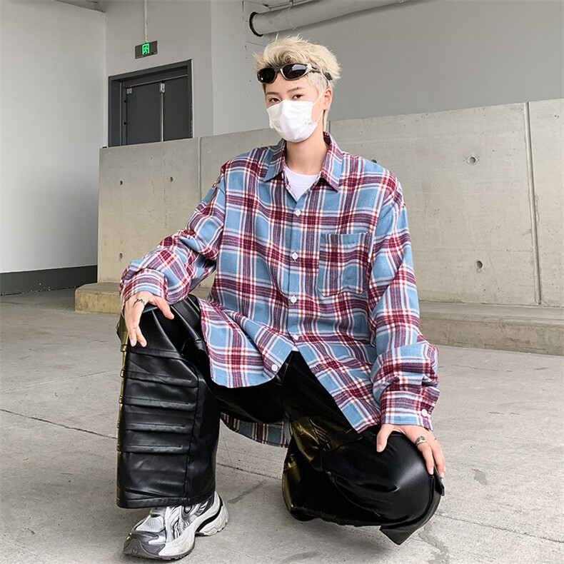 格子长袖衬衫男2024春季新款日系复古高级感潮牌宽松休闲衬衣外套,男装衬衫,星座410-7